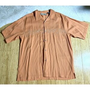 Monte Carlo Orange Button Up Men Size Large Embroidered Palm‎ Trees Tropical